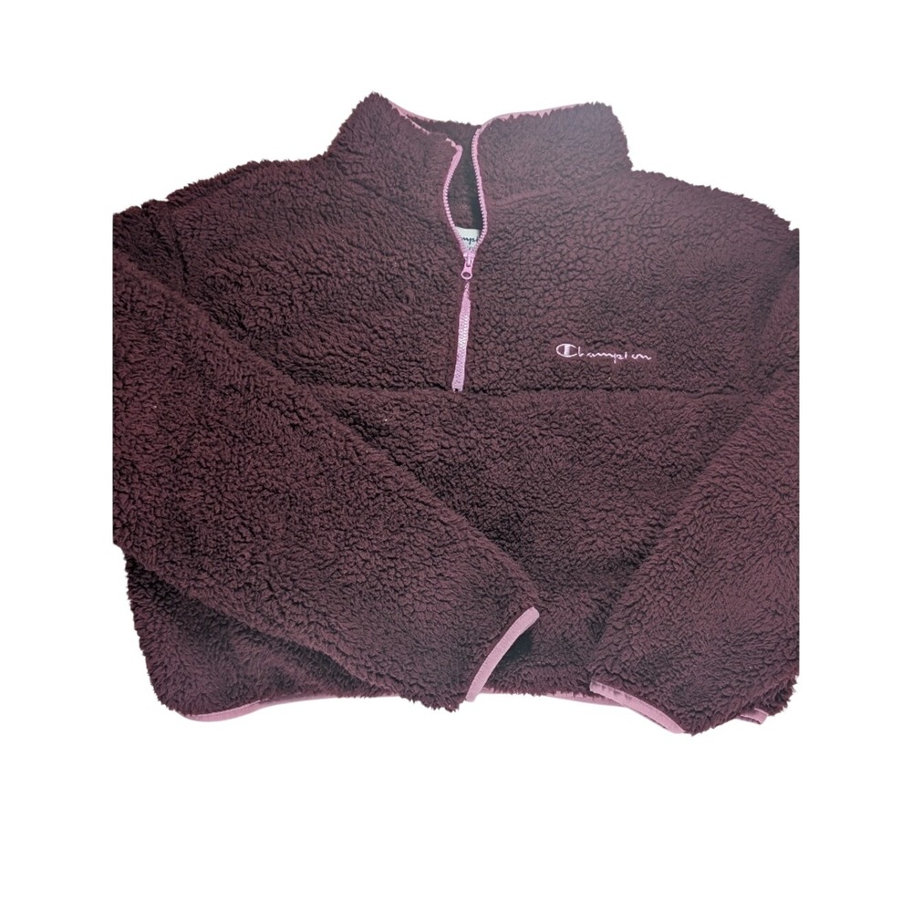 Champion Sherpa Fleece Pullover Women‎ L Burgundy Quarter Zip Cropped Sweatshirt